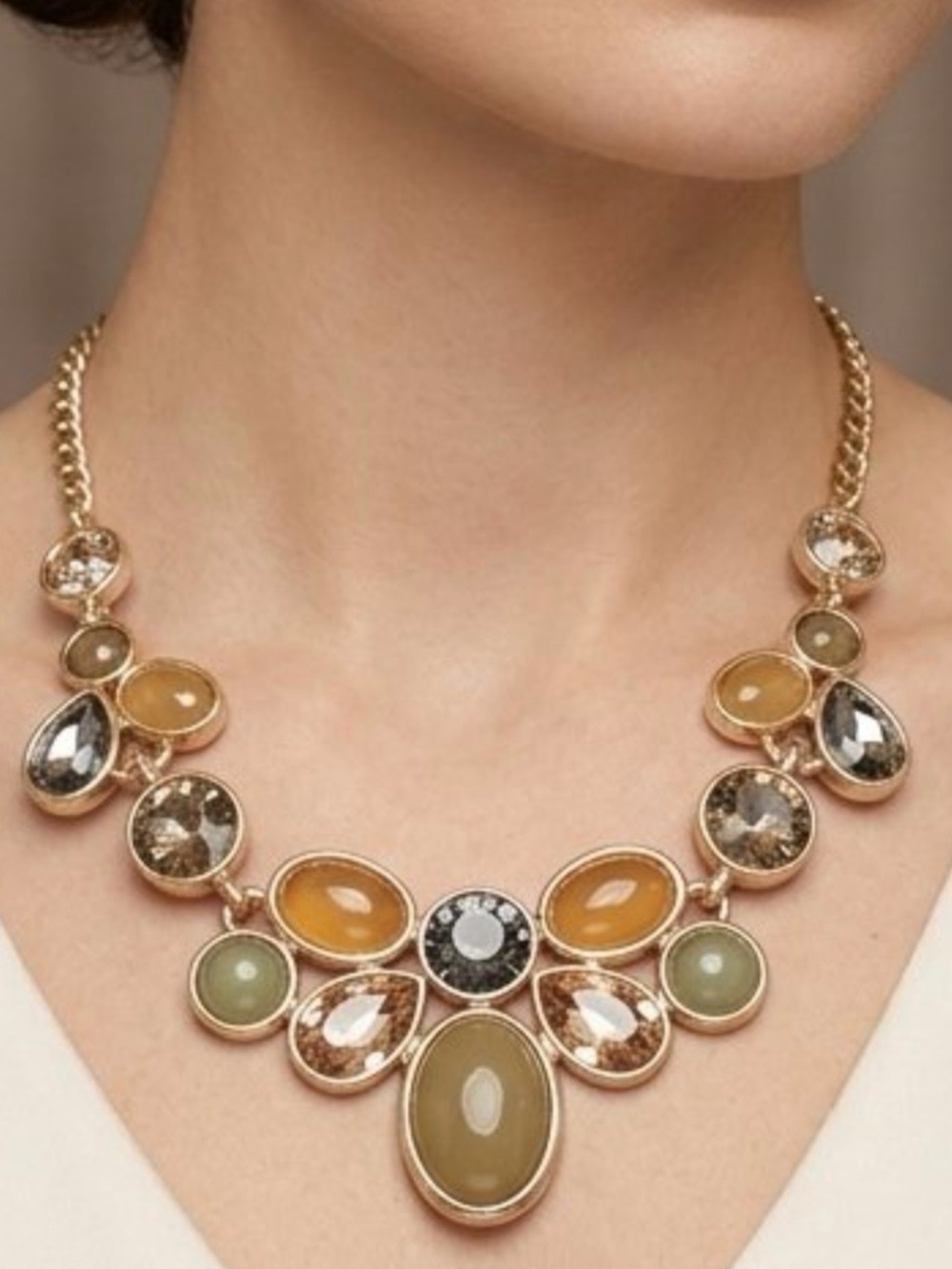 Vintage Y2K Ann Taylor Loft Statement Necklace Bib Multi-Stone Gold Tone